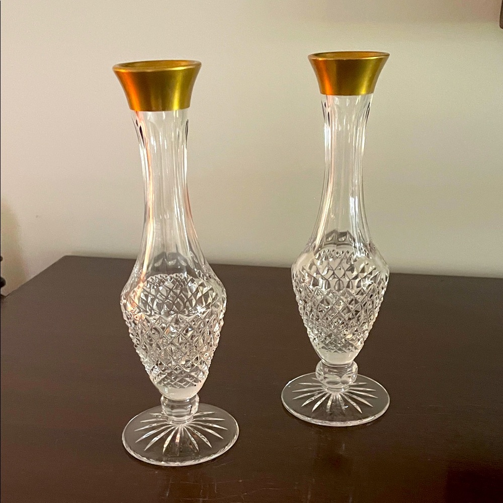 Vintage gold-rimmed crystal bus vases